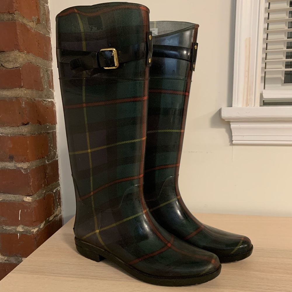Lauren Ralph Lauren Rossalyn II Green Plaid Rain Boots Sz 9 Gold Red Yellow